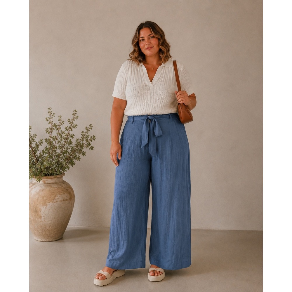 Mustard Seed Womens Wide Leg Pants Dusty Blue High‎ Waist Tie Belt Large Flowy
